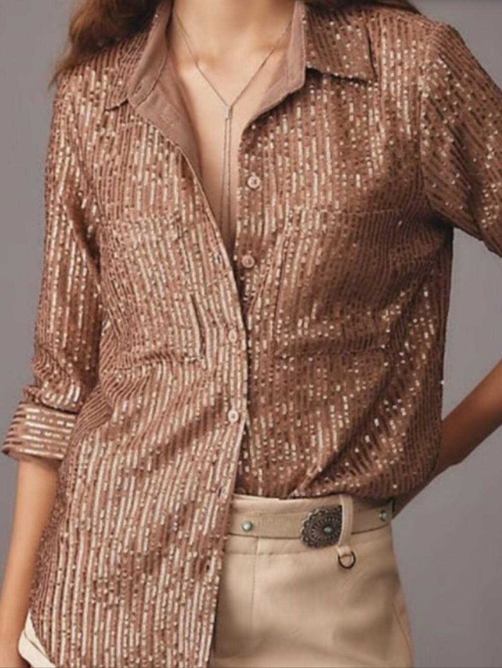 Anthropologie Sequin Button Down Long Sleeve Blouse